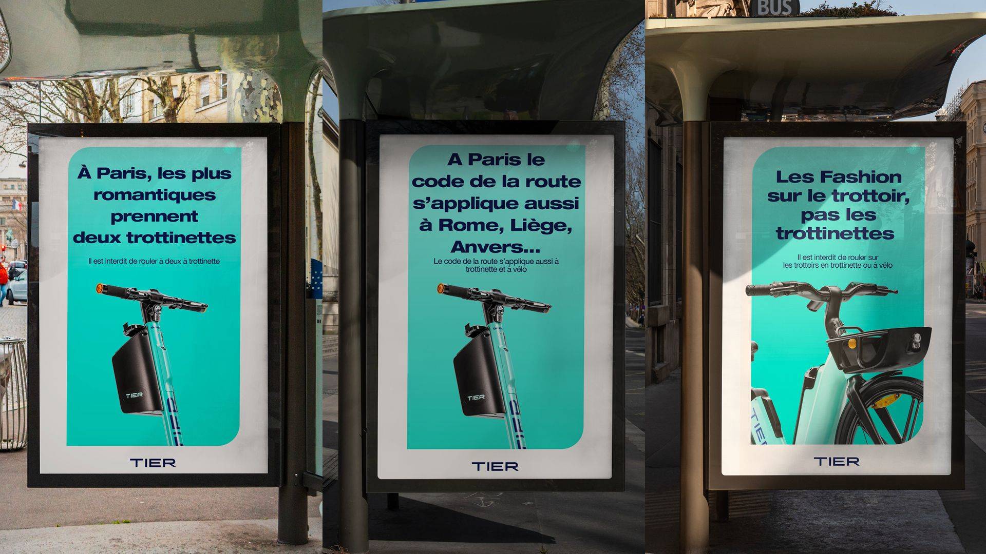 Affiches de sécurité Tier pour trottinettes électriques sur des abribus parisiens